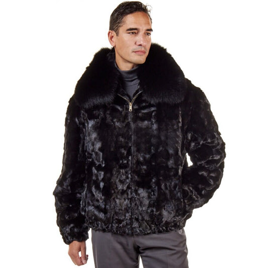 Real Mink Fur Bomber Fox Fur Collar Black