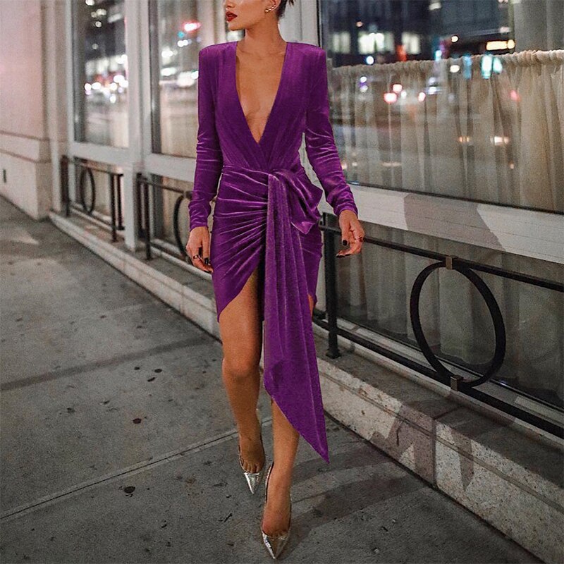 Velvet Wrap Deep V Long Sleeve Bodycon Mini Dresses