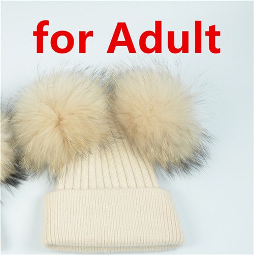 Real Fur Double Pom Pom Beanies Adult/Children (Multi-Colors)