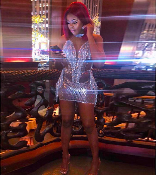 Sequined Tassel Halter Deep V Hollow Bodycon Mini Dresses