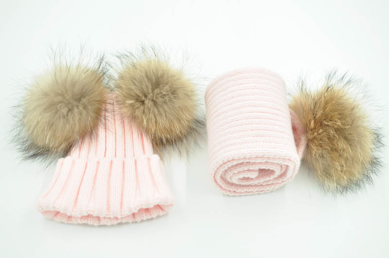 Beanie & Scarf Fur Pompom Sets for Children