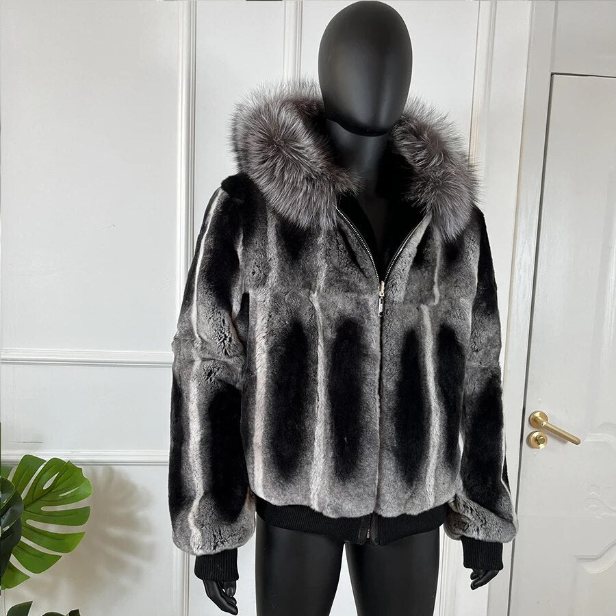 Chinchilla Style Real Fur Coat Hooded Bomber