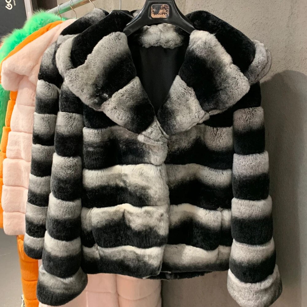 Chinchilla Style Real Rabbit Fur Coat Hooded