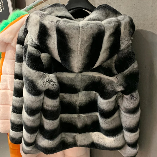 Chinchilla Style Real Rabbit Fur Coat Hooded