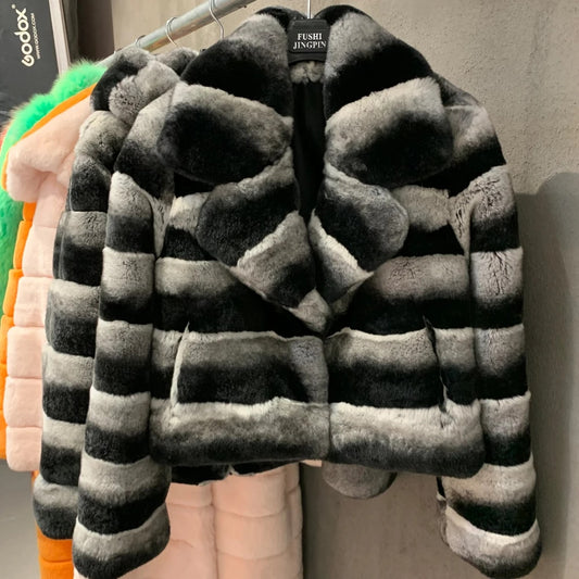 Chinchilla Style Real Rabbit Fur Coat Short