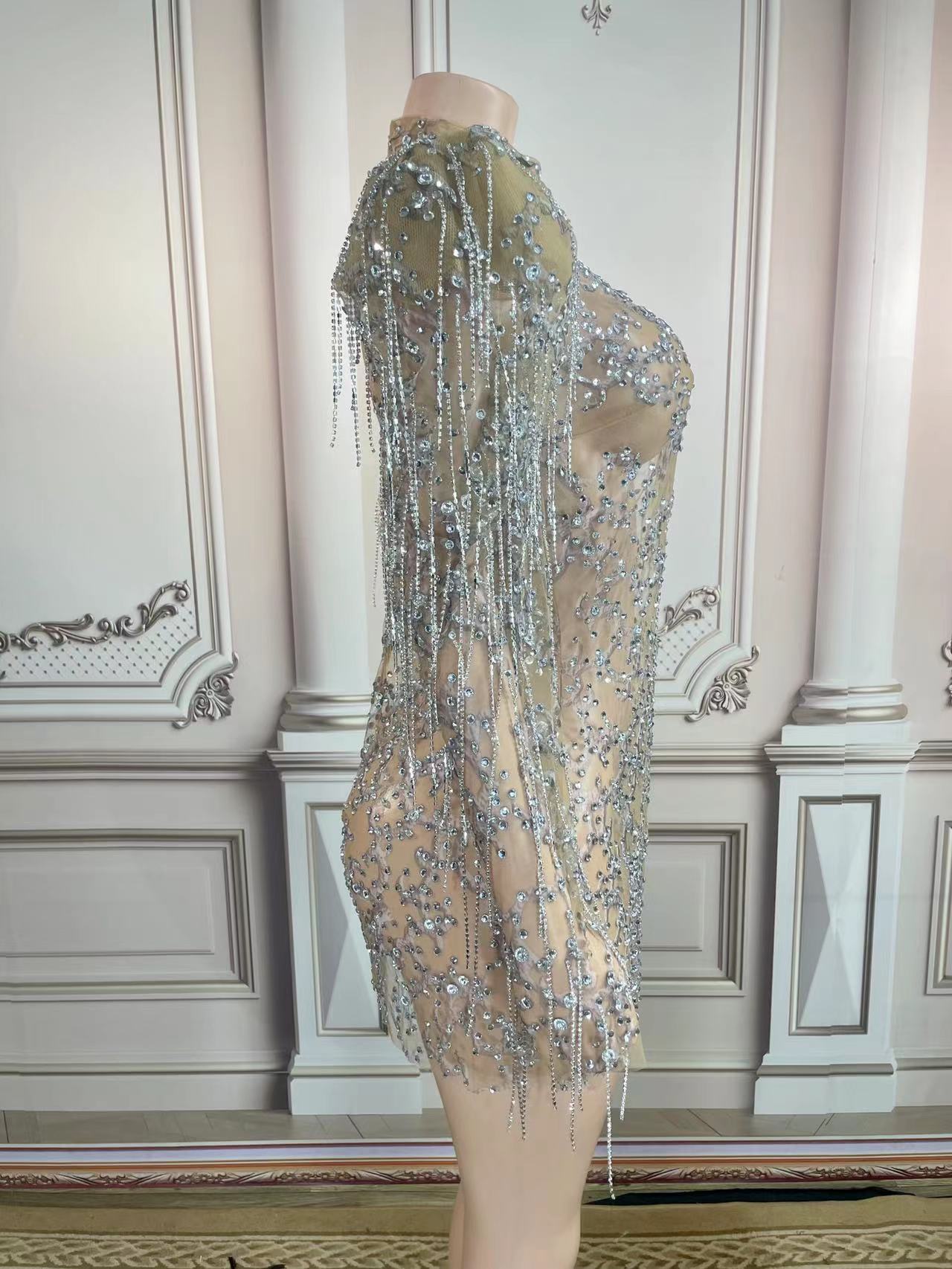 Transparent Rhinestone Big Shoulder Mini Dress