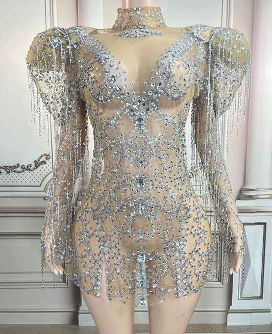 Transparent Rhinestone Big Shoulder Mini Dress