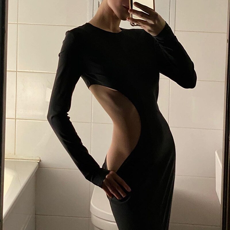 Black One Side Cut Long Sleeve Maxi Dress
