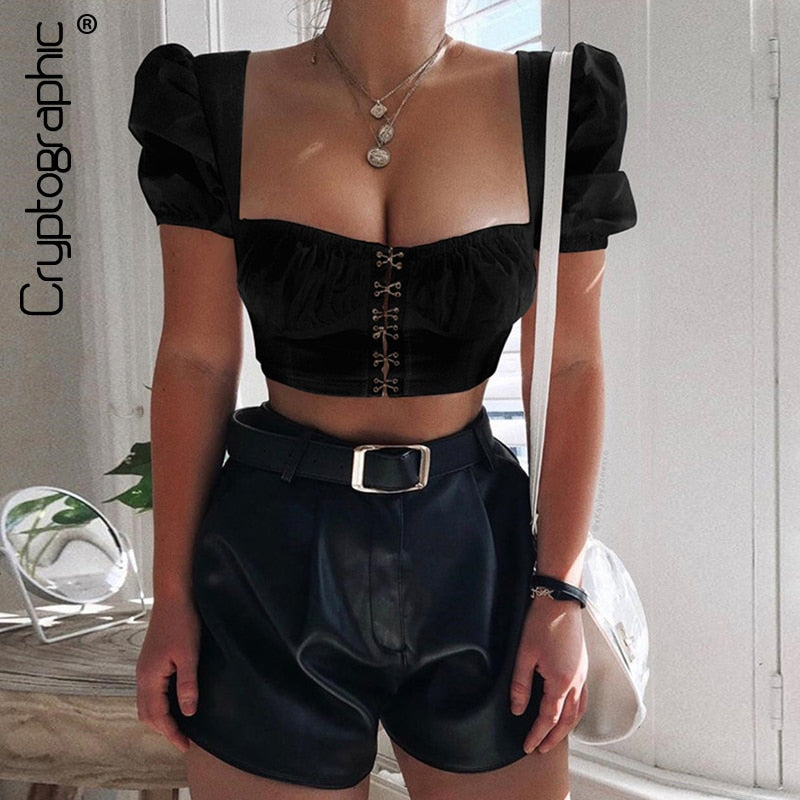 Square Collar Puff Short Sleeve Crop Tops