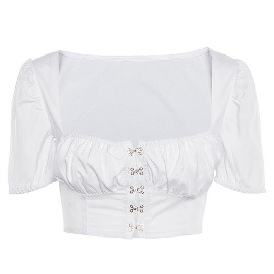 Square Collar Puff Short Sleeve Crop Tops