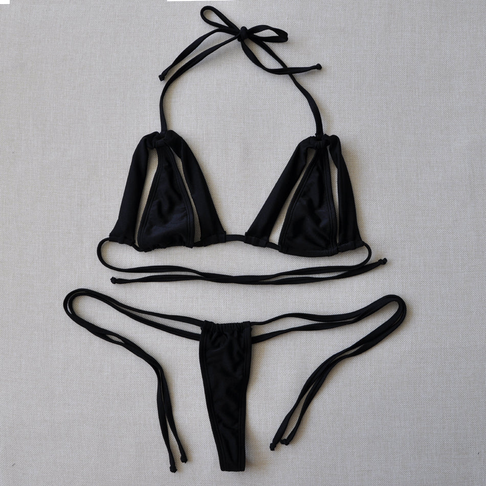 Flirtzy Teeny Micro Mini Thong and String Top Bikini Brazilian Swimwear Mini  Bikini Swimsuit G-String, One Size, Black 