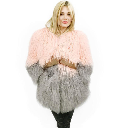 Two Tone Mongolian Sheep Fur Three Quarter Sleeve Coats