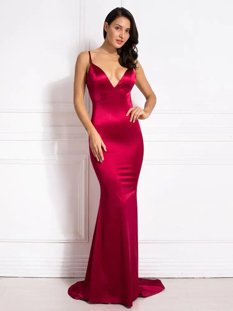 Satin V Neck Open Back Floor Length Dresses