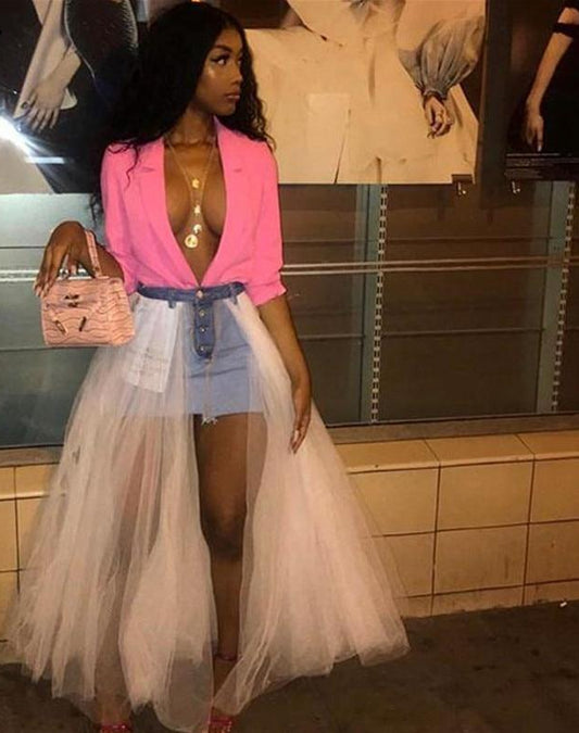 Denim Mid Waist Split Gauze Long Tutu Skirt