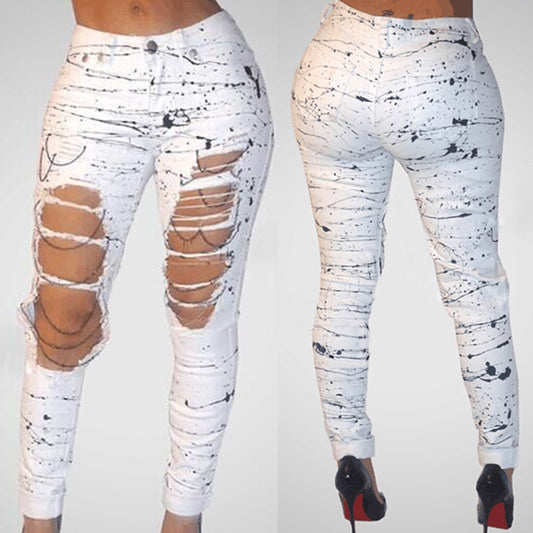 Large Holes Chain Paint Splash Ripped Jeans