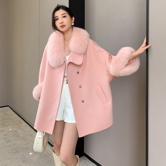 Double Sided Woolen Loose Pea Coats With Fur