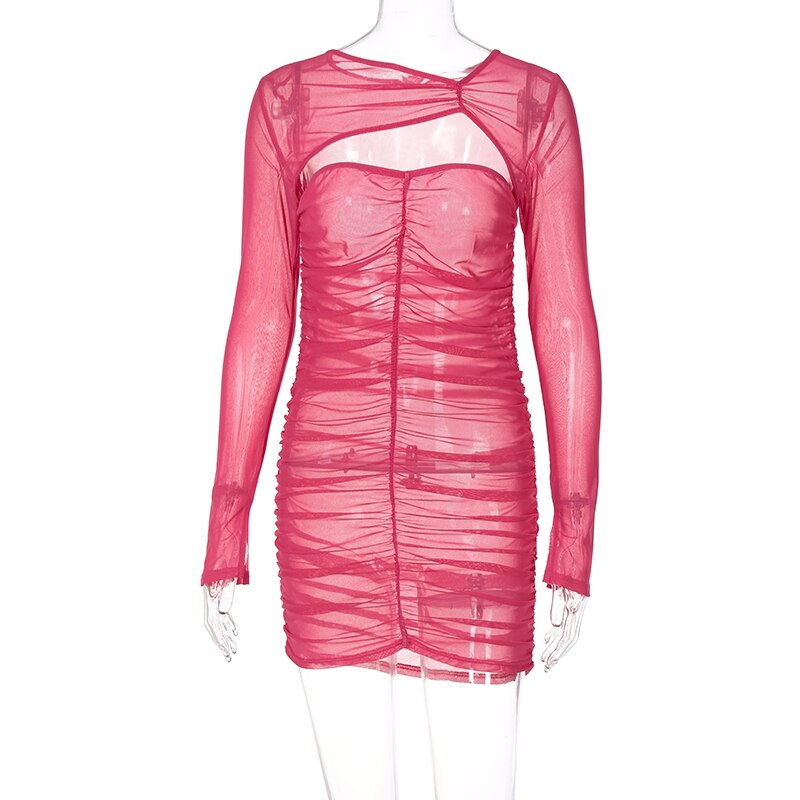 Pink Long Sleeve Hollow Ruched Mesh Mini Dress