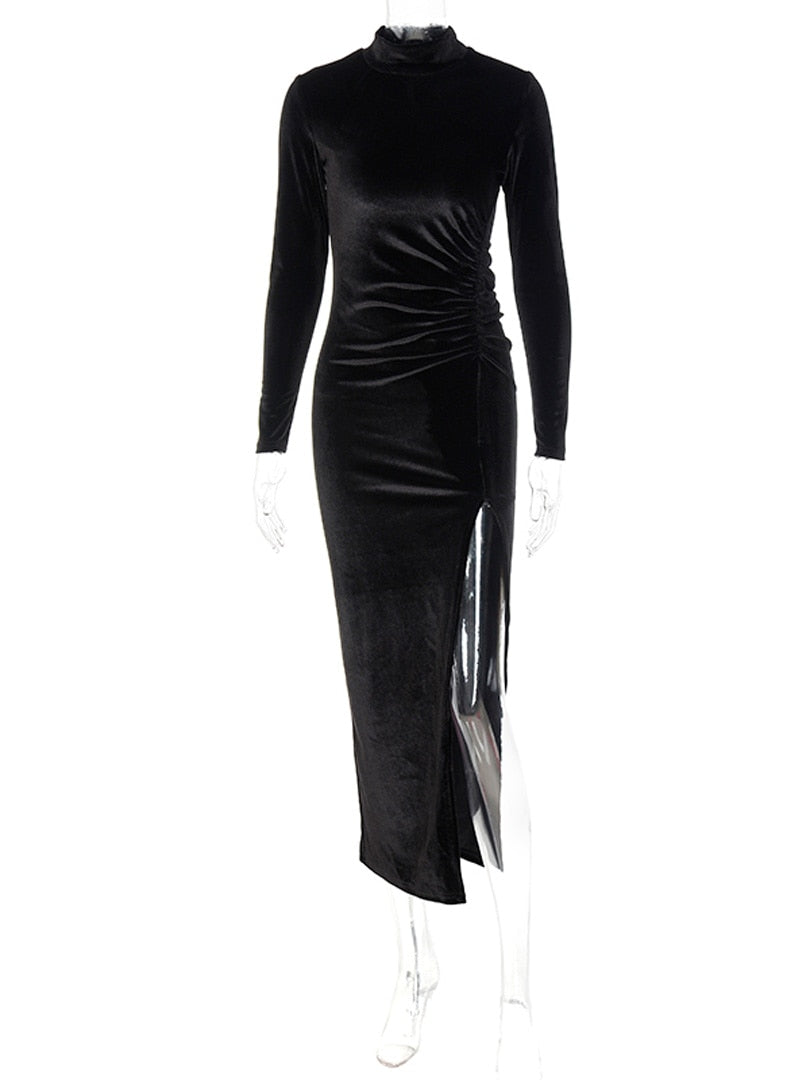 Velvet Long Sleeve Ruched Side Slit  Maxi Dress