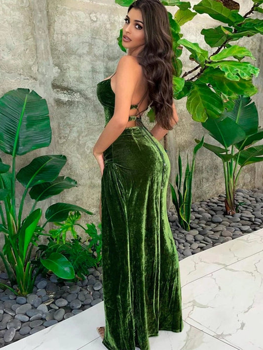 Green Velvet Lace Up Back Maxi Dress