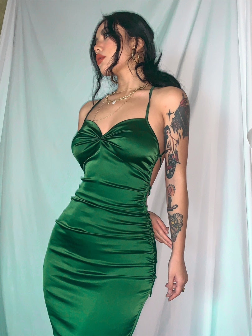 Green Satin Backless Maxi Dress