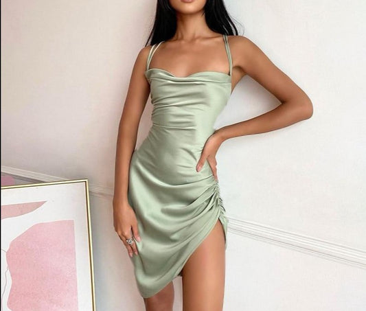 Satin Ruched Backless Bandage Mini Dresses