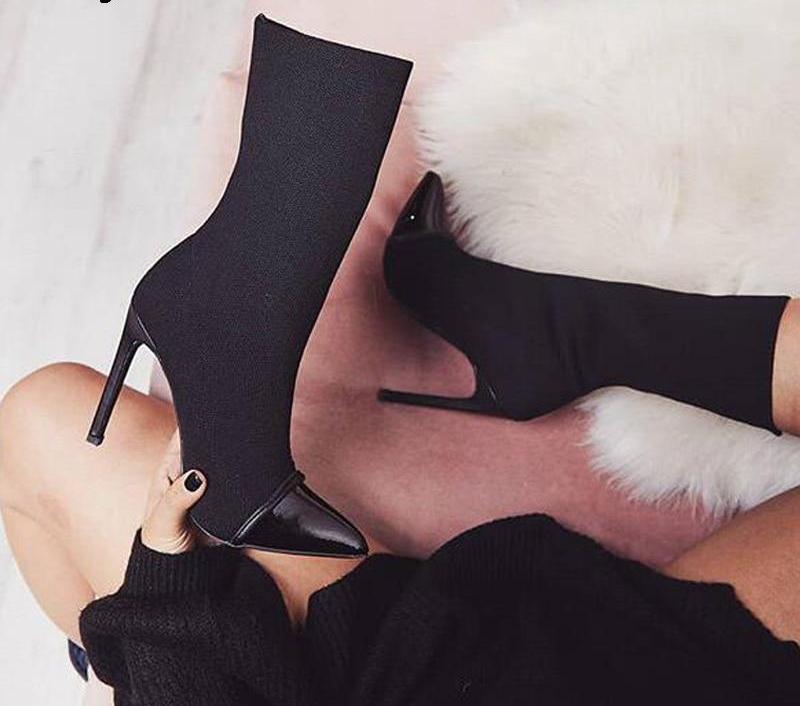 Stretch Fabric Ankle Boots Pointed Toe High Heels