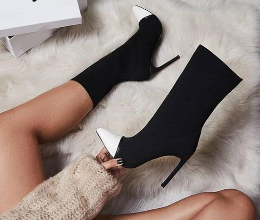 Stretch Fabric Ankle Boots Pointed Toe High Heels