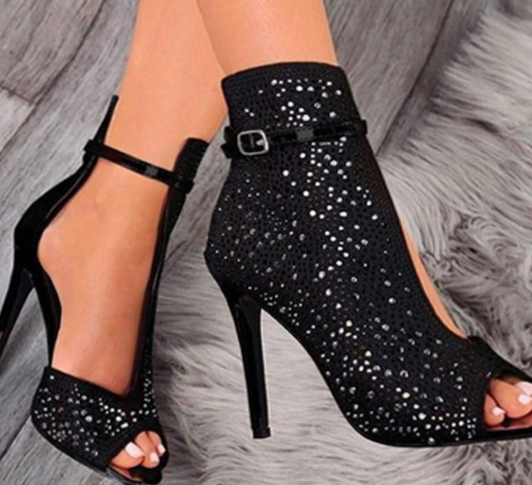 Hollow Half Crystal Peep Toe Ankle Straps Pumps