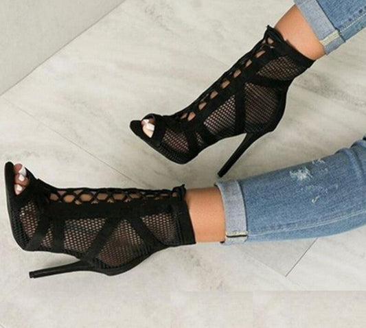 Black Lace Up Peep Toe Net High Heel Ankle Boots