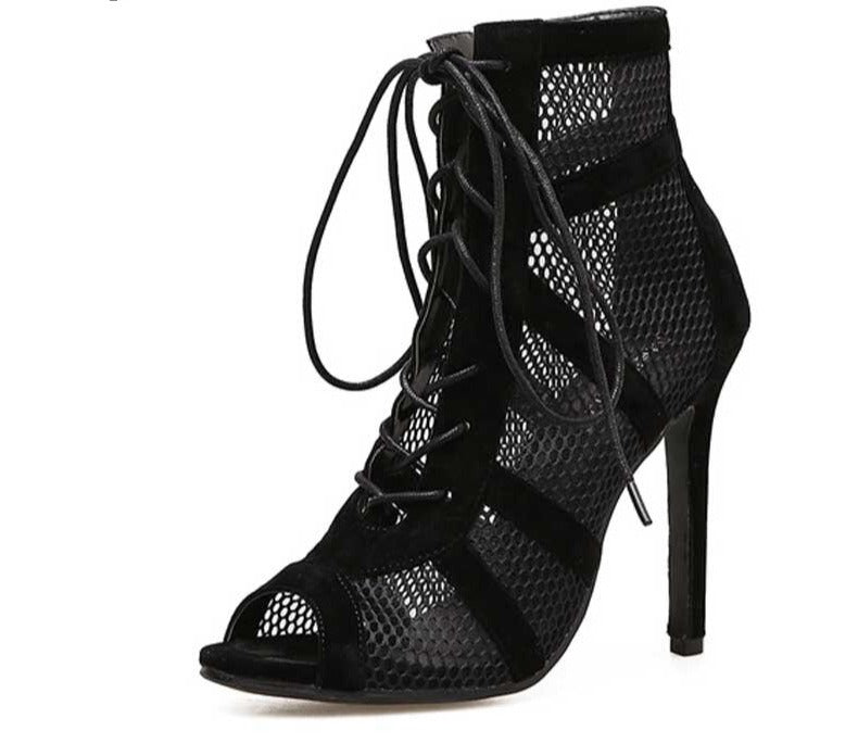 Black Lace Up Peep Toe Net High Heel Ankle Boots