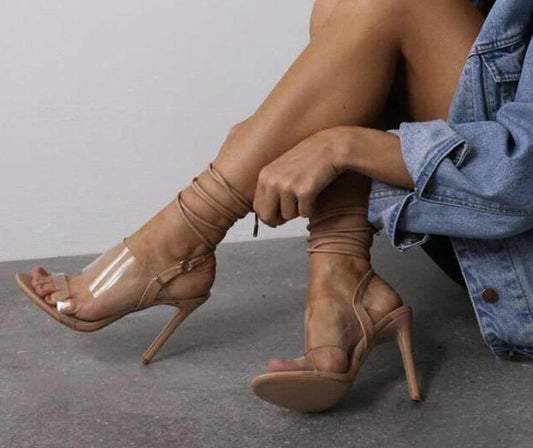 Transparent Lace up Ankle High Heels