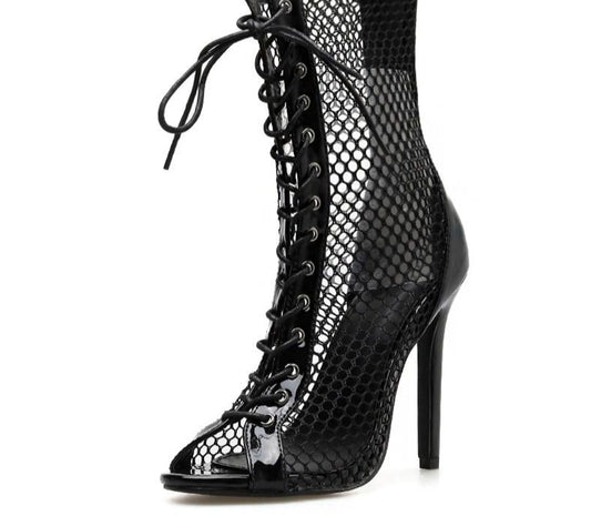 Peep Toe Net Lace Up Above Ankle High Heel Boots