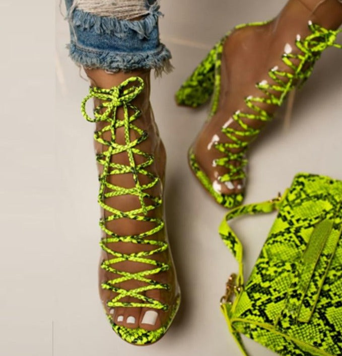 PVC Transparent Snake Print Peep Ankle Boots