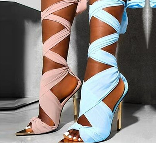 Fabric Tie Peep Toe High Heels