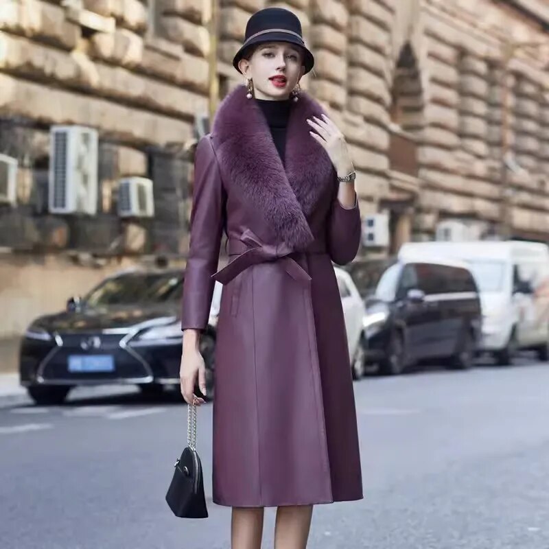 Purple Genuine Leather Trench Coat Real Fur Collar