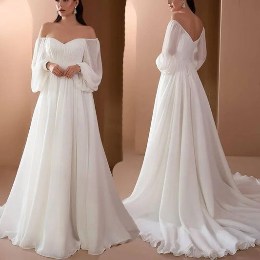 Long Puff Sleeve Backless Floor-Length Dress