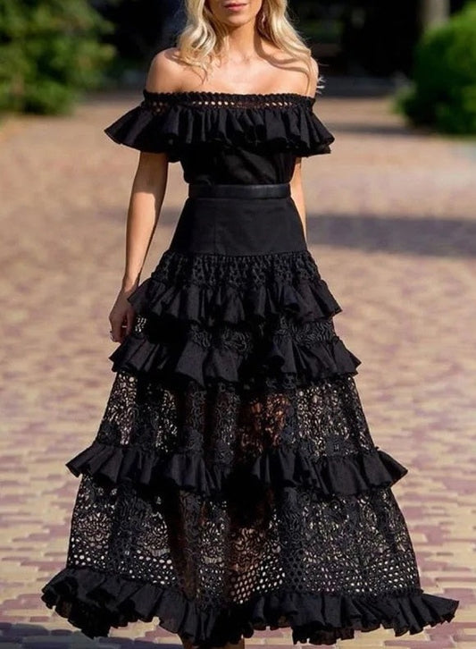 Off Shoulder Ruffle Sleeveless Hollow Long Dresses