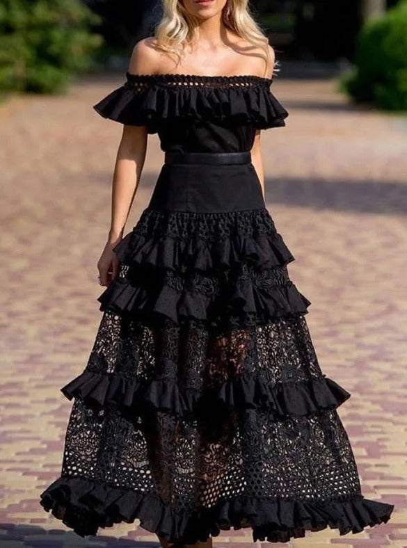 Off Shoulder Ruffle Sleeveless Hollow Long Dresses