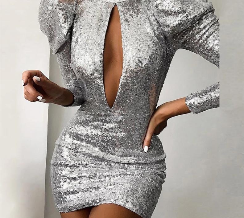 Puff Sleeve Hollow Out Sequin Bodycon Mini Dresses