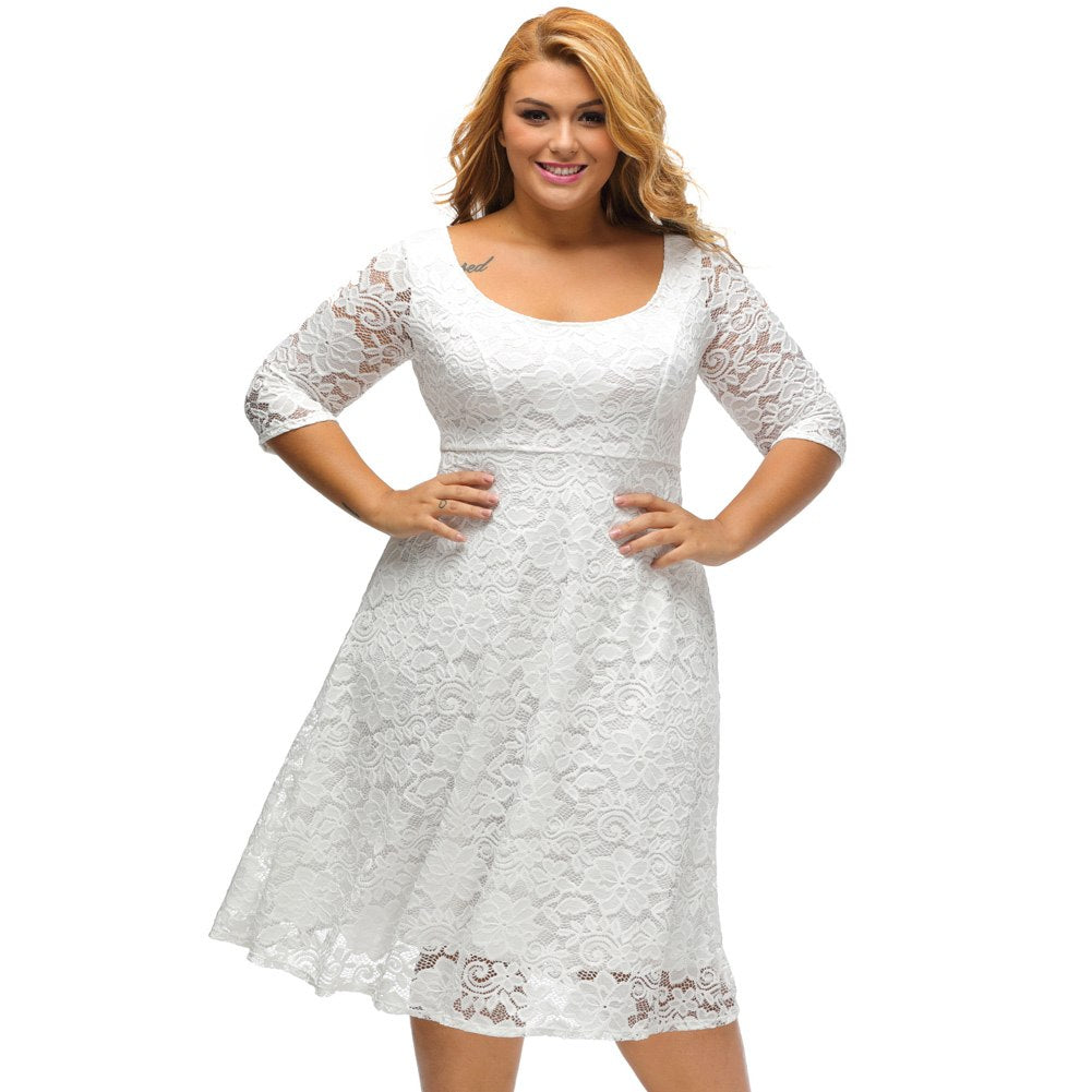 Lace Floral O-Neck A-Line 3/4 Sleeves High Waist Dresses