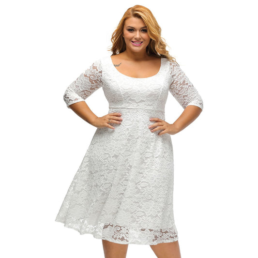 Lace Floral O-Neck A-Line 3/4 Sleeves High Waist Dresses