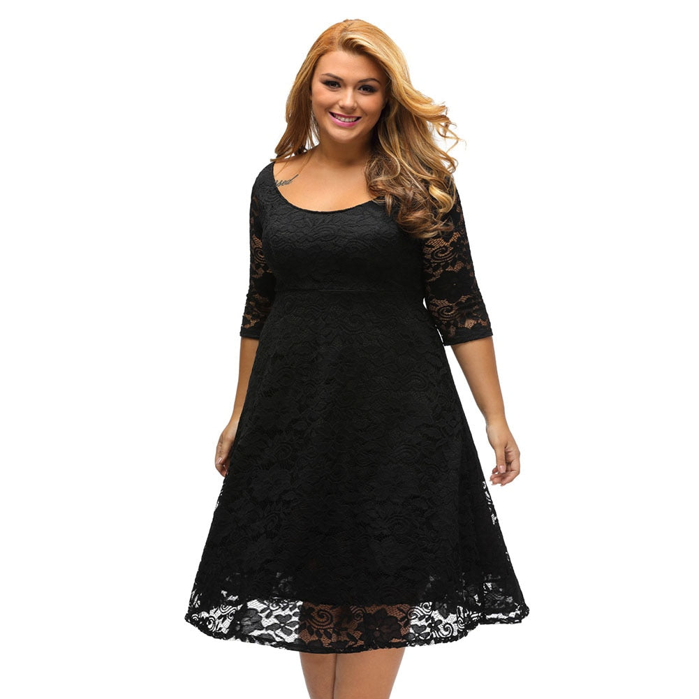 Lace Floral O-Neck A-Line 3/4 Sleeves High Waist Dresses