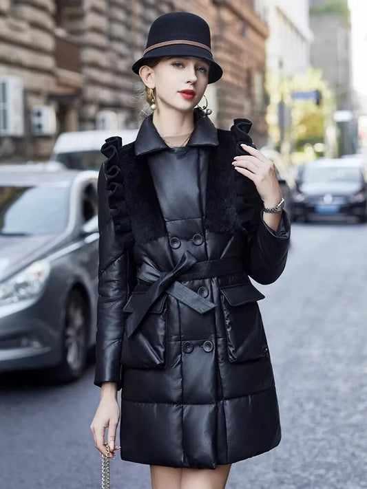 Genuine Leather Coat Ruffle Shoulders Goose Down