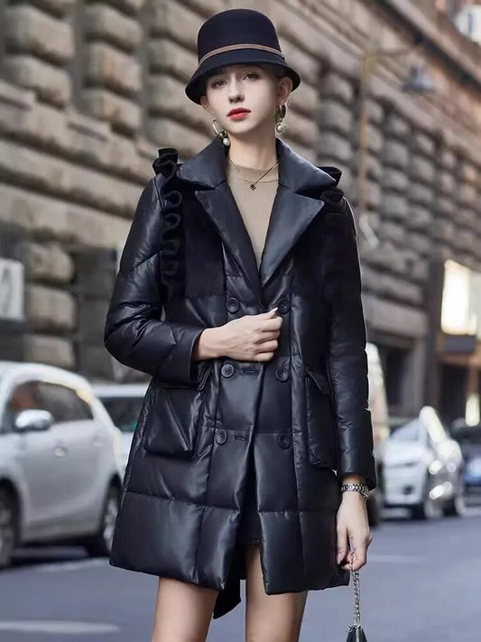 Genuine Leather Coat Ruffle Shoulders Goose Down