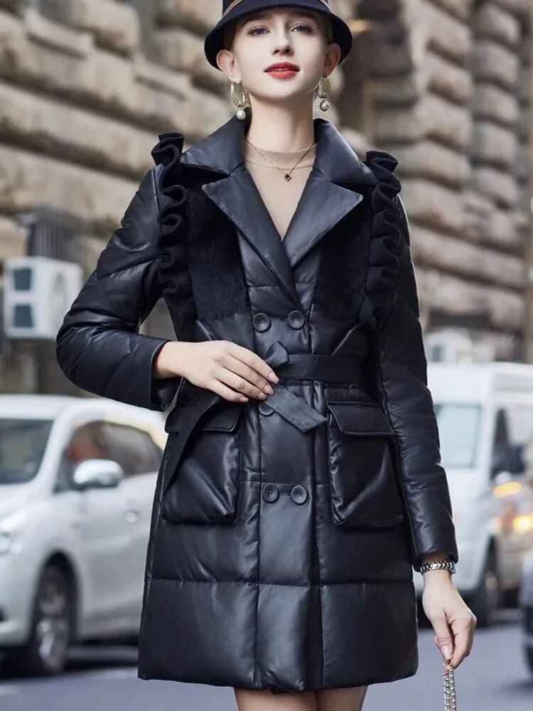 Genuine Leather Coat Ruffle Shoulders Goose Down