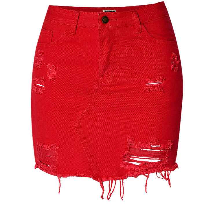 Red High Waist Ripped Denim Skirts