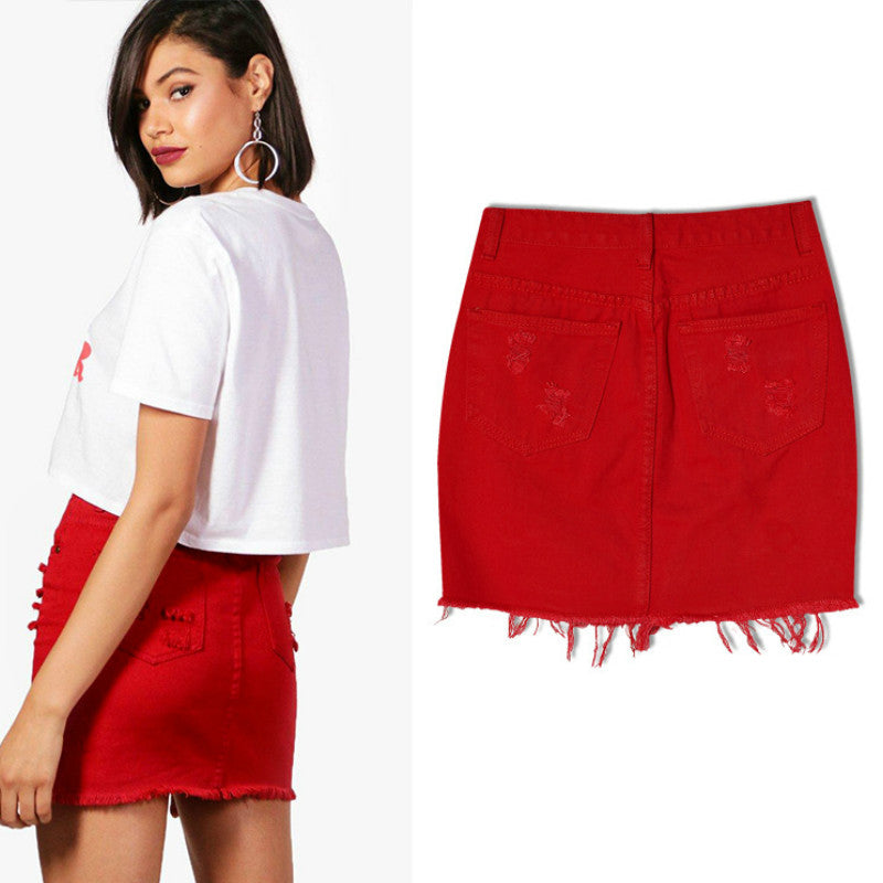 Red High Waist Ripped Denim Skirts