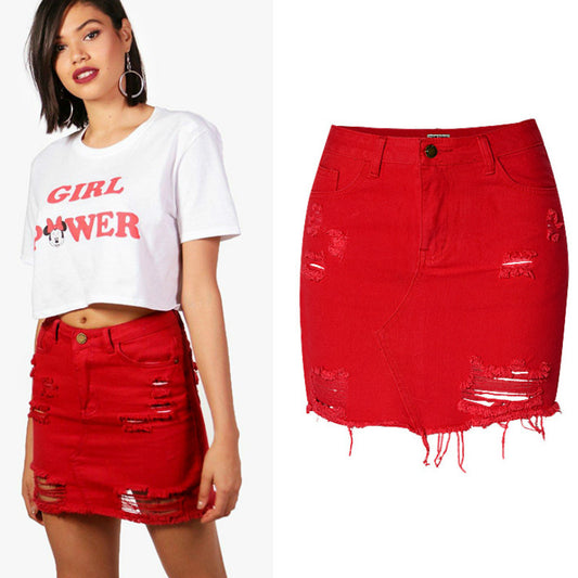 Red High Waist Ripped Denim Skirts