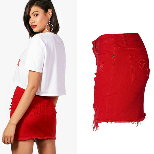 Red High Waist Ripped Denim Skirts