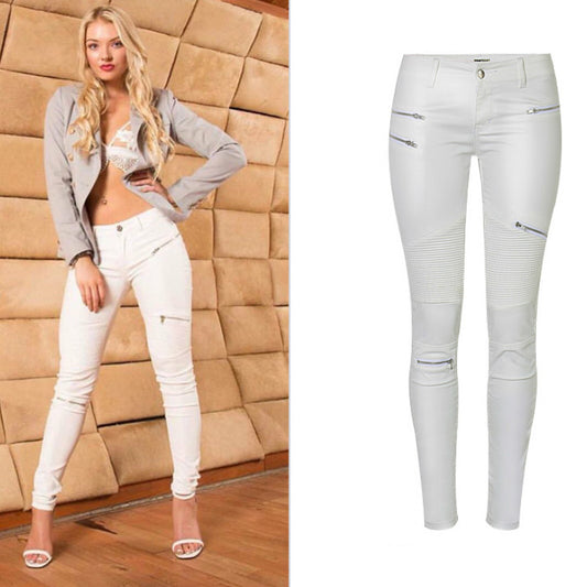 White Moto PU Leather Zippers, Low Waist Pants